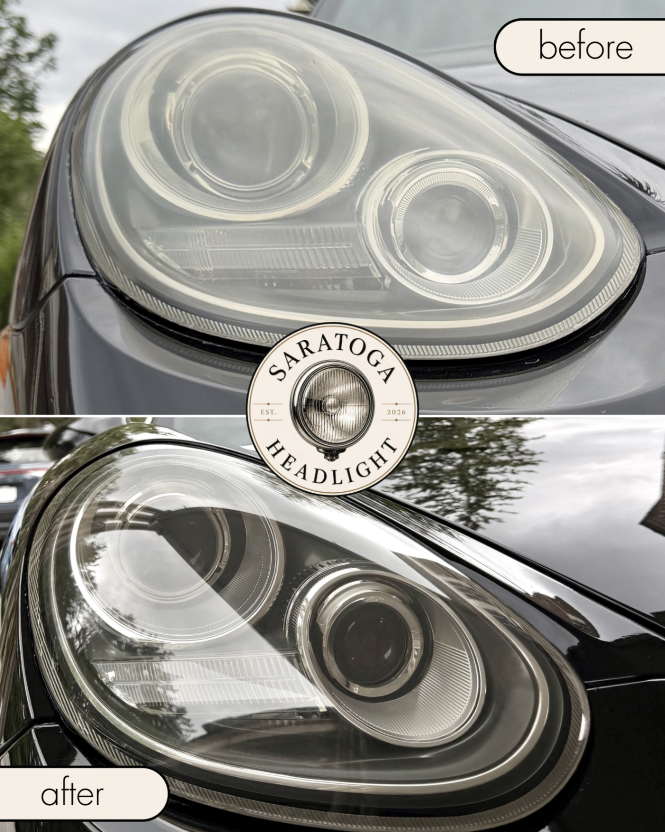 Before and after headlight restoration on a Porsche — faded lens restored to showroom clarity