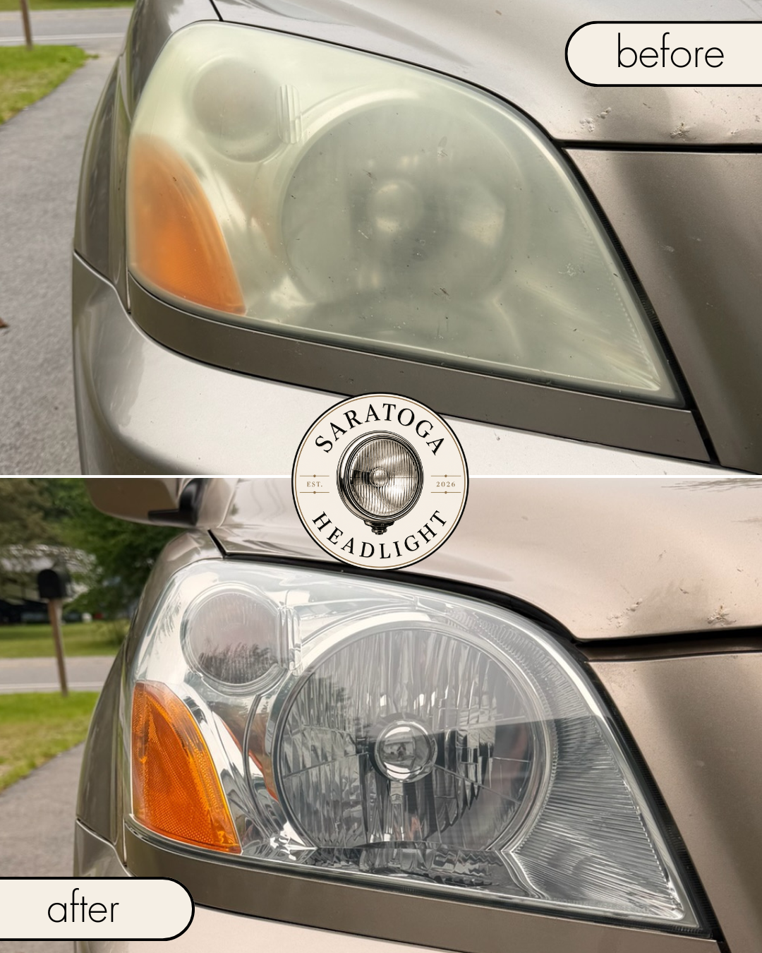 Before and after headlight restoration — oxidized lens restored to crystal clarity